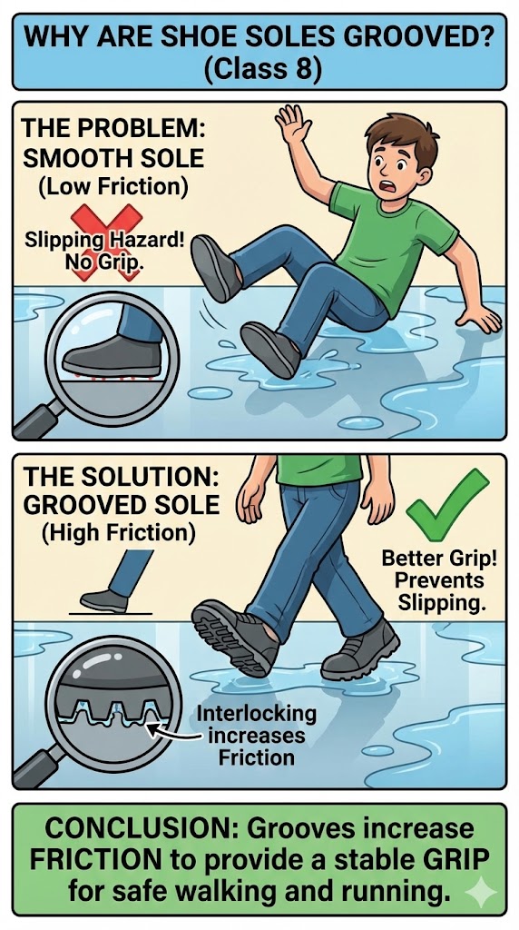 why are the soles of shoes grooved class 8